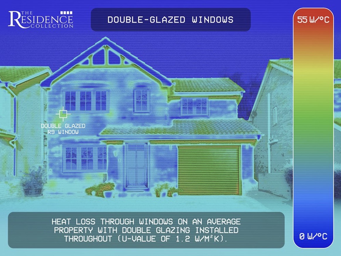 Double Glazed window graphic showing less energy loss